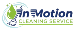 Logo for In Motion Cleaning Service: green water drop, broom, blue and green text.