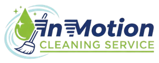Logo for In Motion Cleaning Service: green water drop, broom, blue and green text.