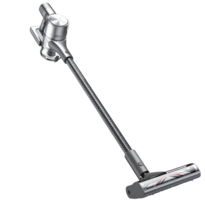A silver cordless vacuum cleaner with a flexible wand and brush head.