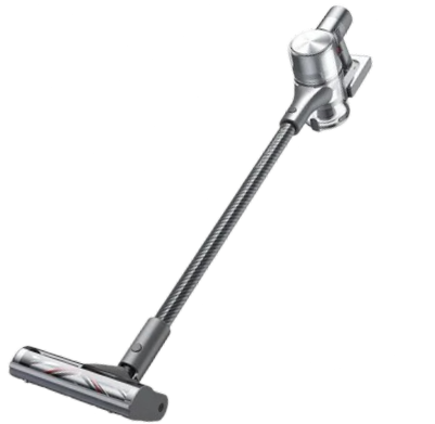 Cordless silver vacuum cleaner angled on white background.