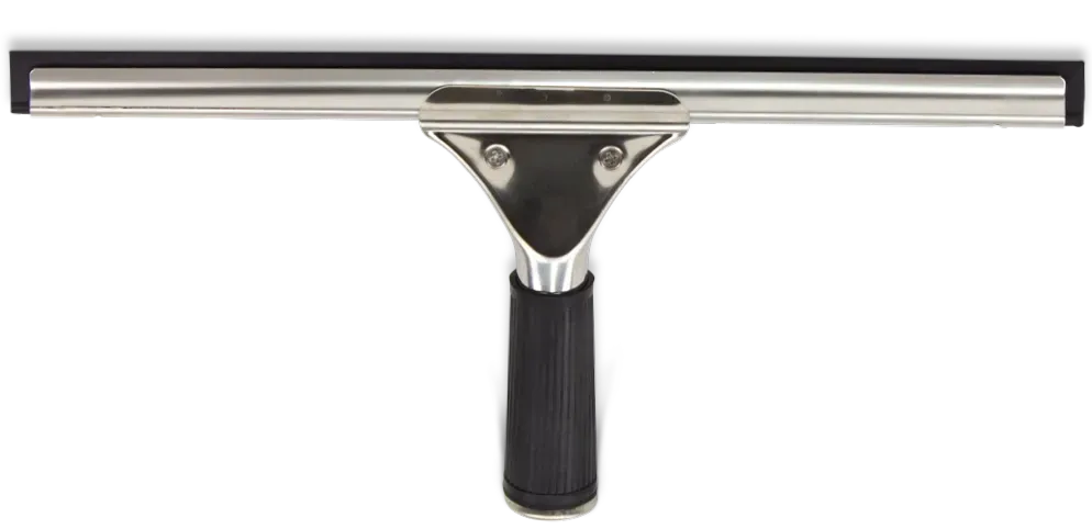 Stainless steel window squeegee with a black rubber blade and handle.