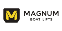 The logo for magnum boat lifts is yellow and black.