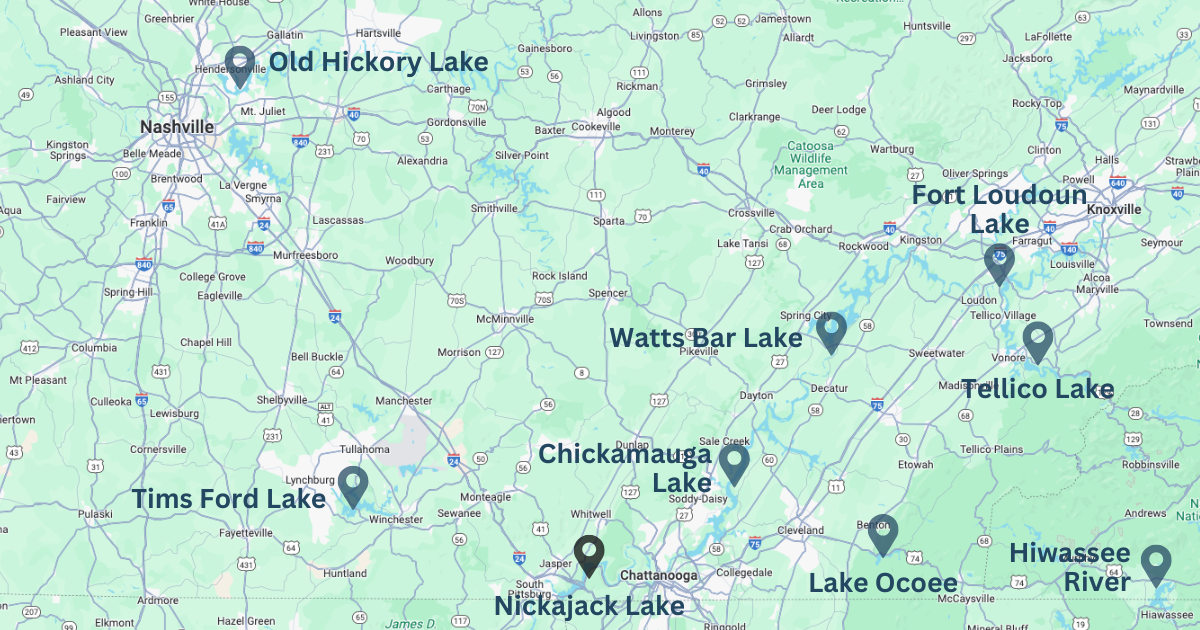 A map showing the location of a lake and a river.
