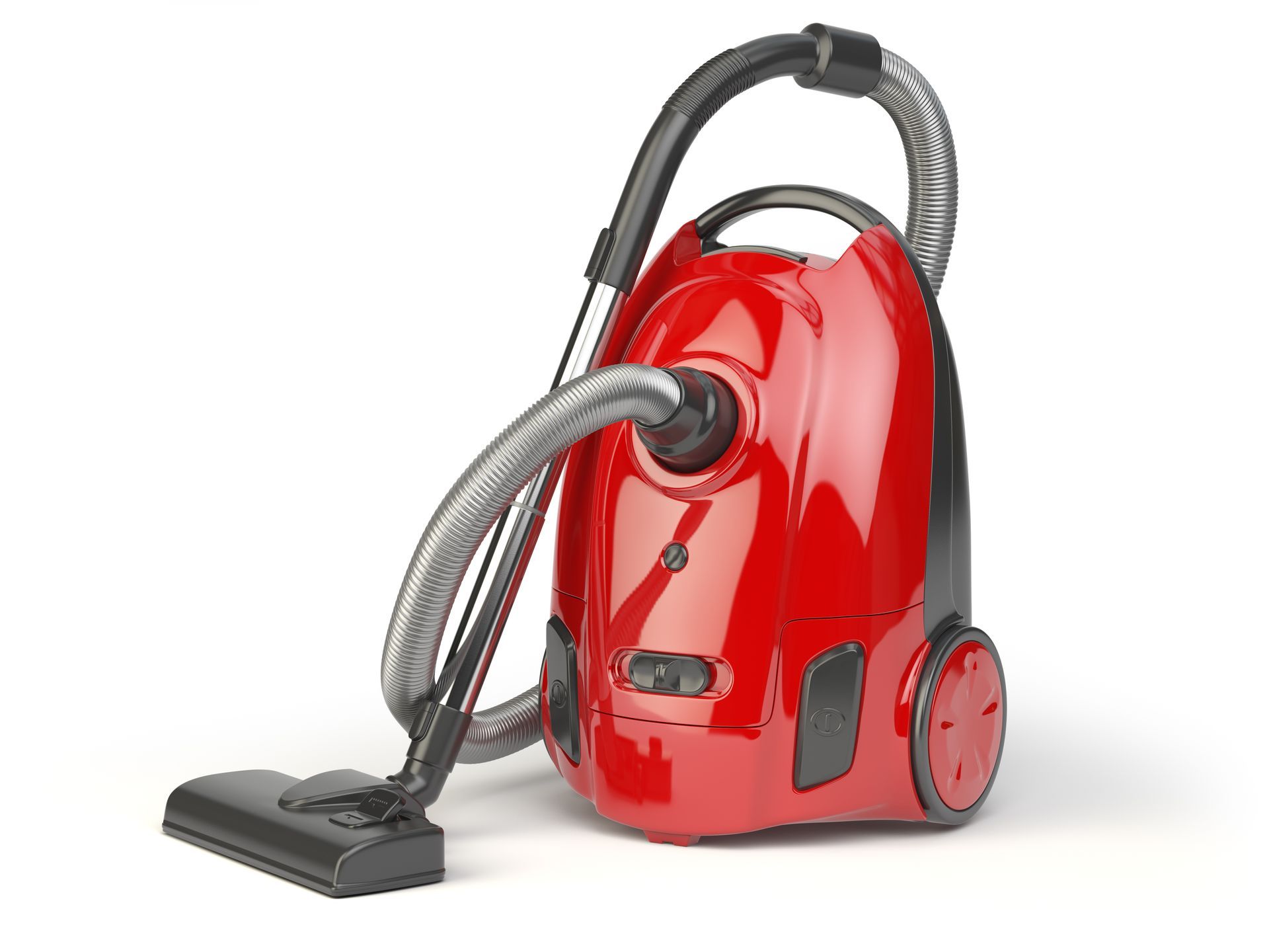 A red vacuum cleaner is sitting on a white surface.
