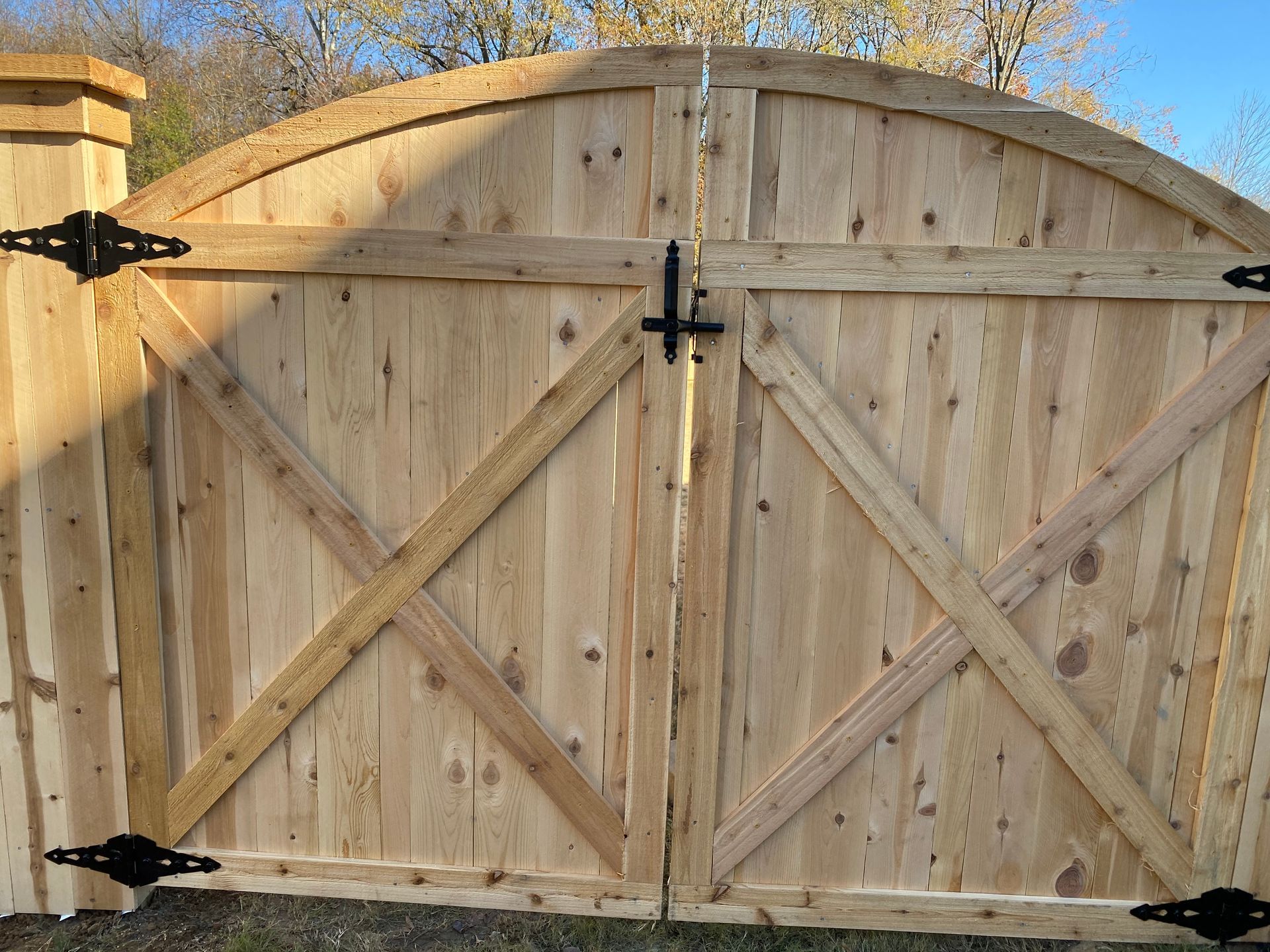 6 foot cedar with cap and fascia. Arced gate 