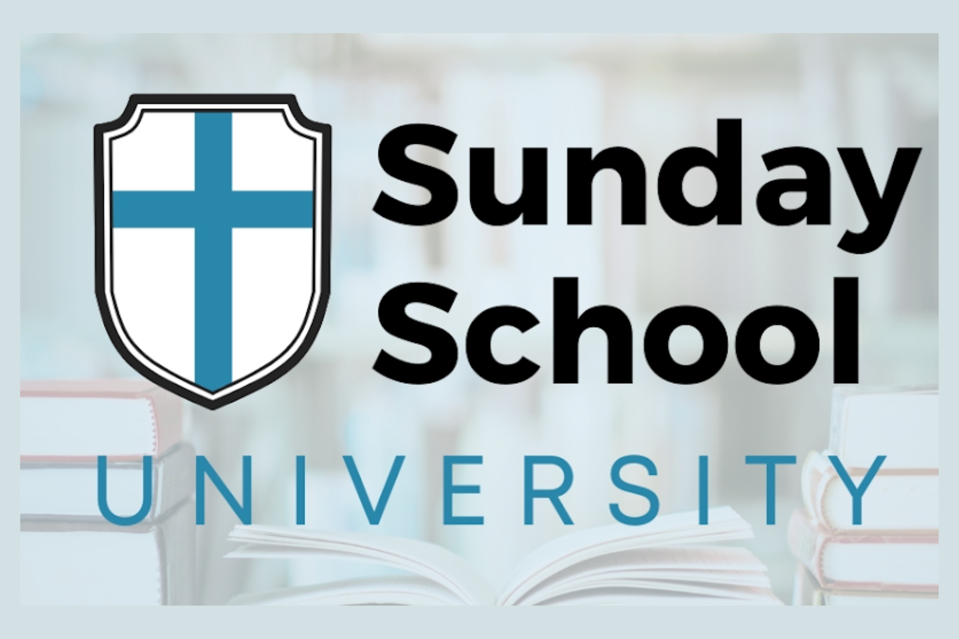 A logo for sunday school university with a cross on it