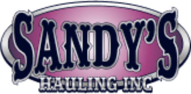 Sandy's Hauling Inc. logo in dark blue font on a pink and silver background.