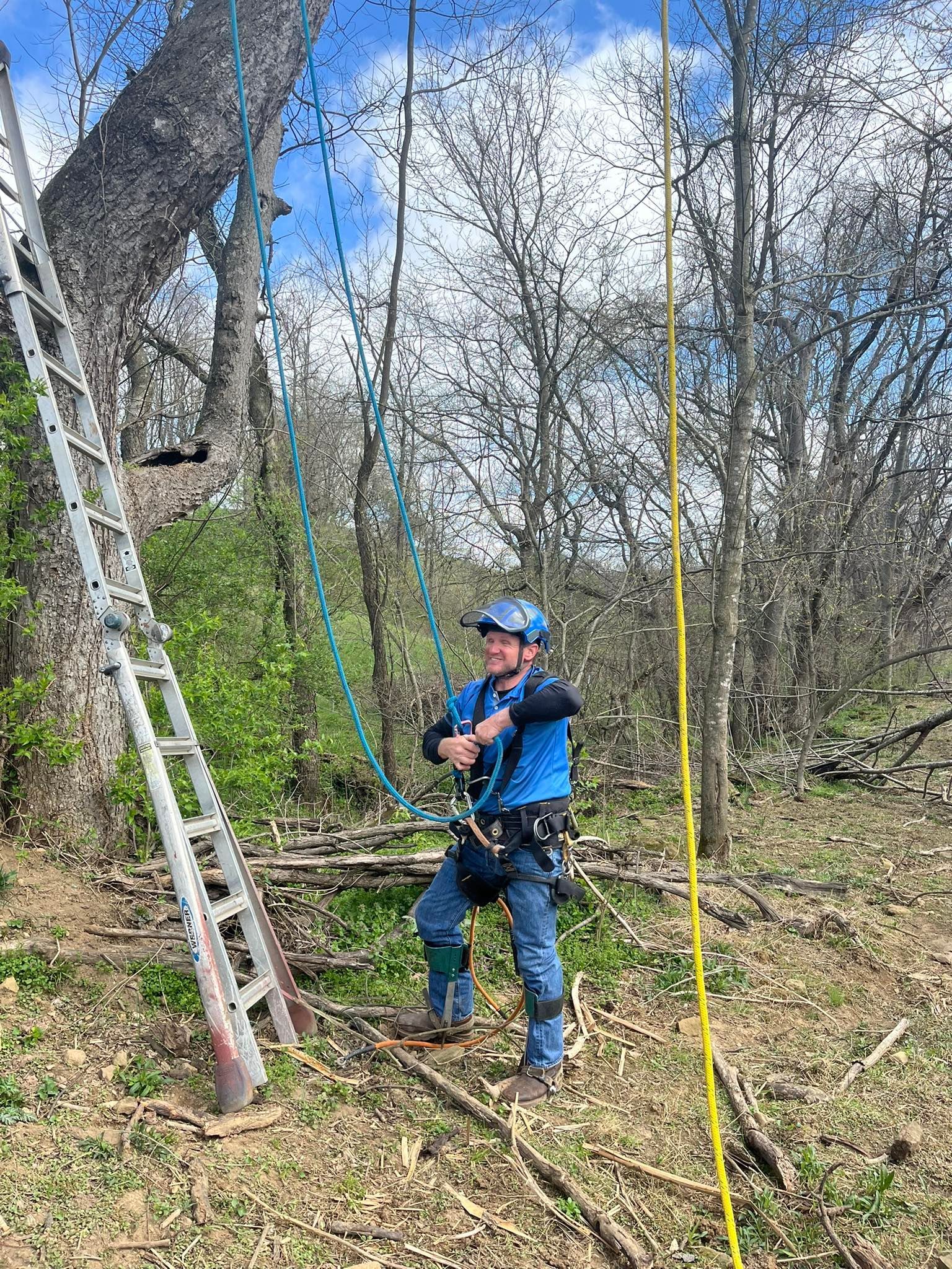 Climber in blue helmet and jacket stands in a wooded area beside ropes and a ladder under a blue sky Climber in blue helmet and jacket stands in a wooded area beside ropes and a ladder under a blue sky