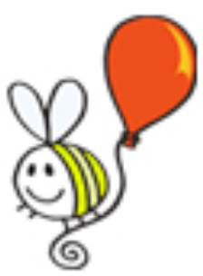 A cartoon bee is holding a red balloon.