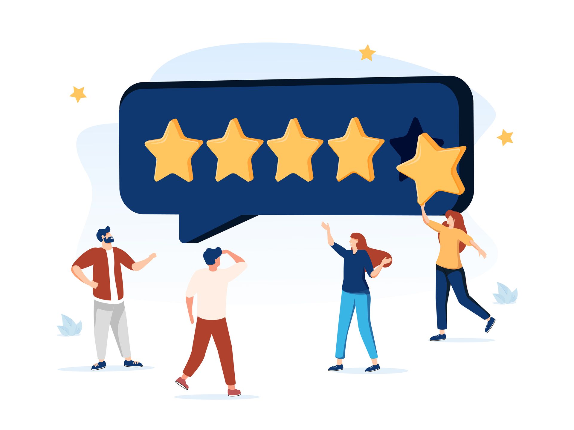 A group of people are standing around a speech bubble with five stars in it.