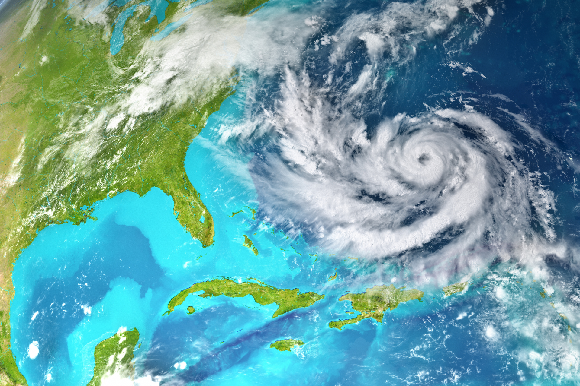 An aerial view of a hurricane in the ocean over the united states.