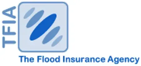 The logo for the flood insurance agency is blue and white