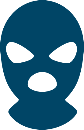 A blue ski mask with a white mouth and eyes on a white background.
