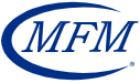 The logo for mfm is a blue circle with the word mfm inside of it.