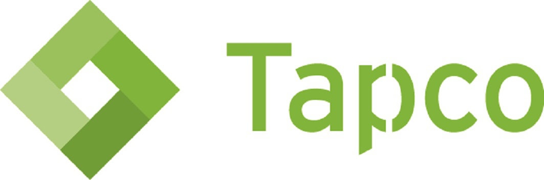 A logo for tapco with a green diamond in the middle.