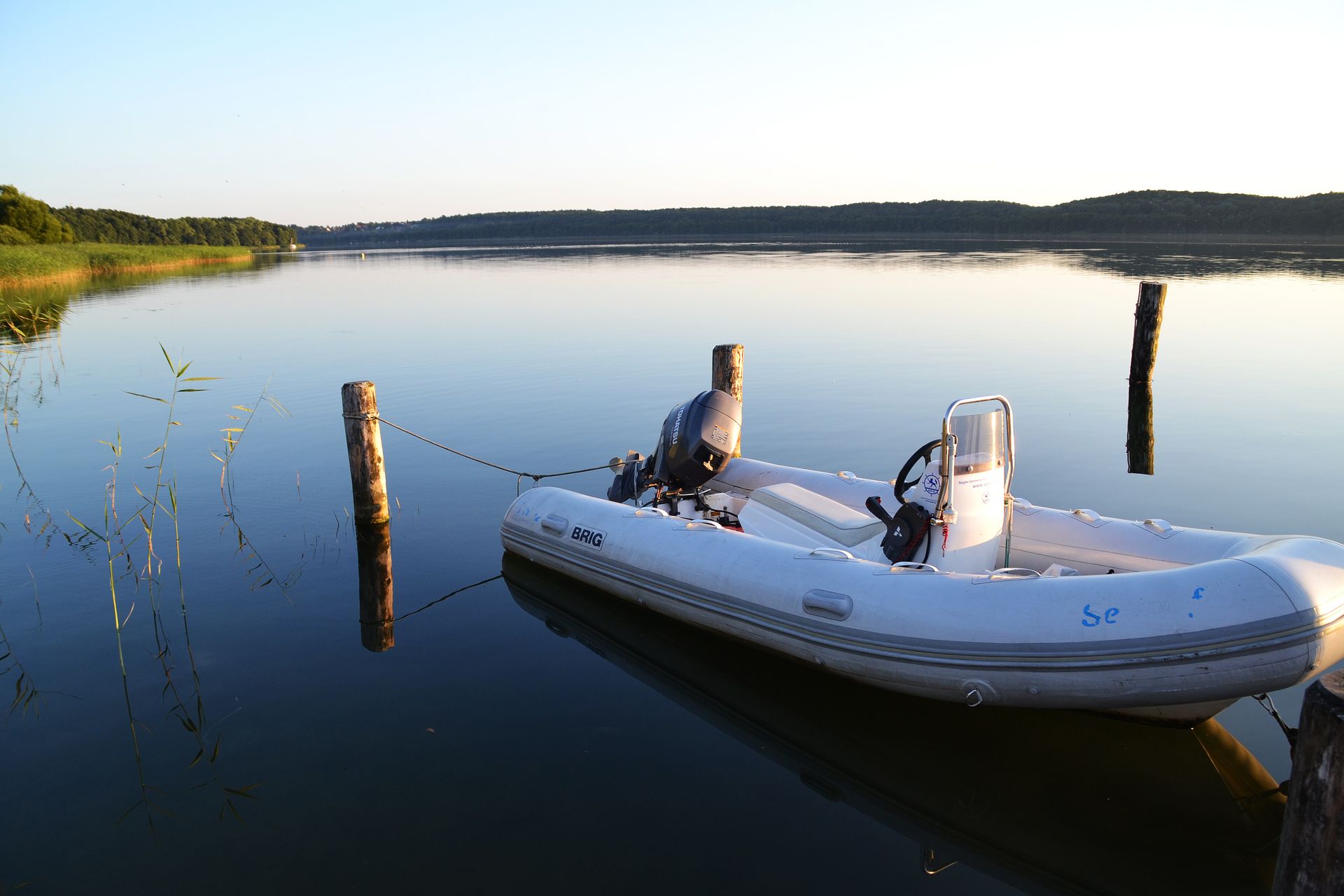 A white boat is docked in the middle of a lake
