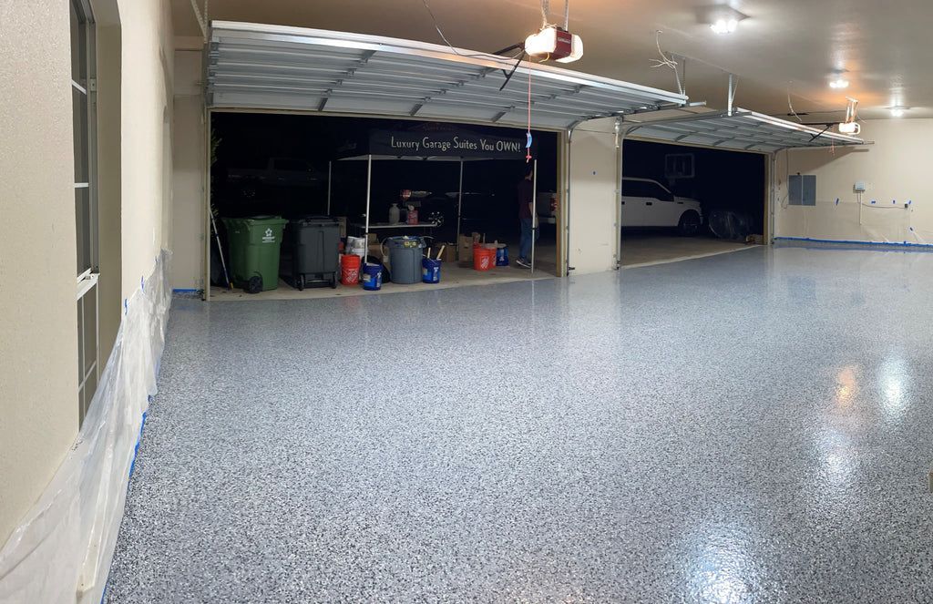 Epoxy flake garage floor.