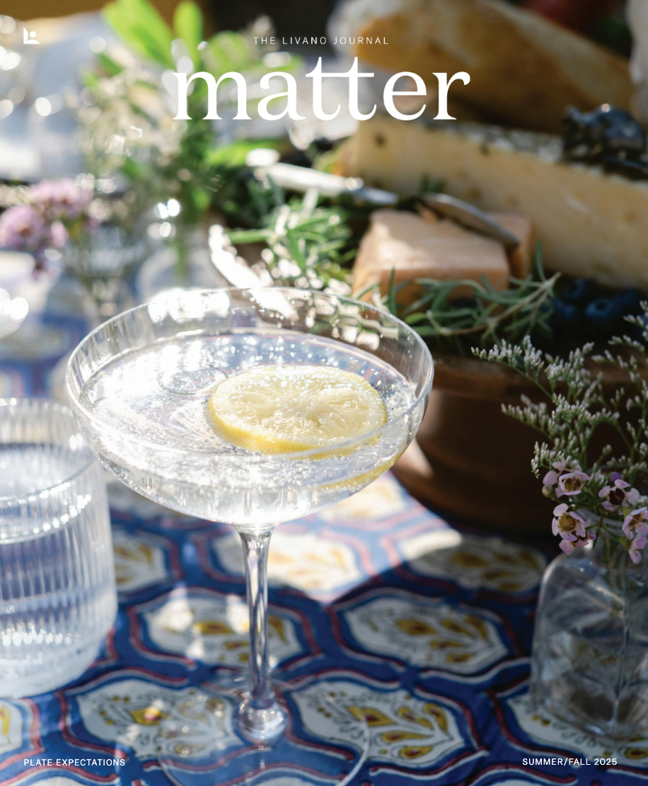 A clear cocktail with lemon slice on a patterned tablecloth; cheese board and greenery in the background.