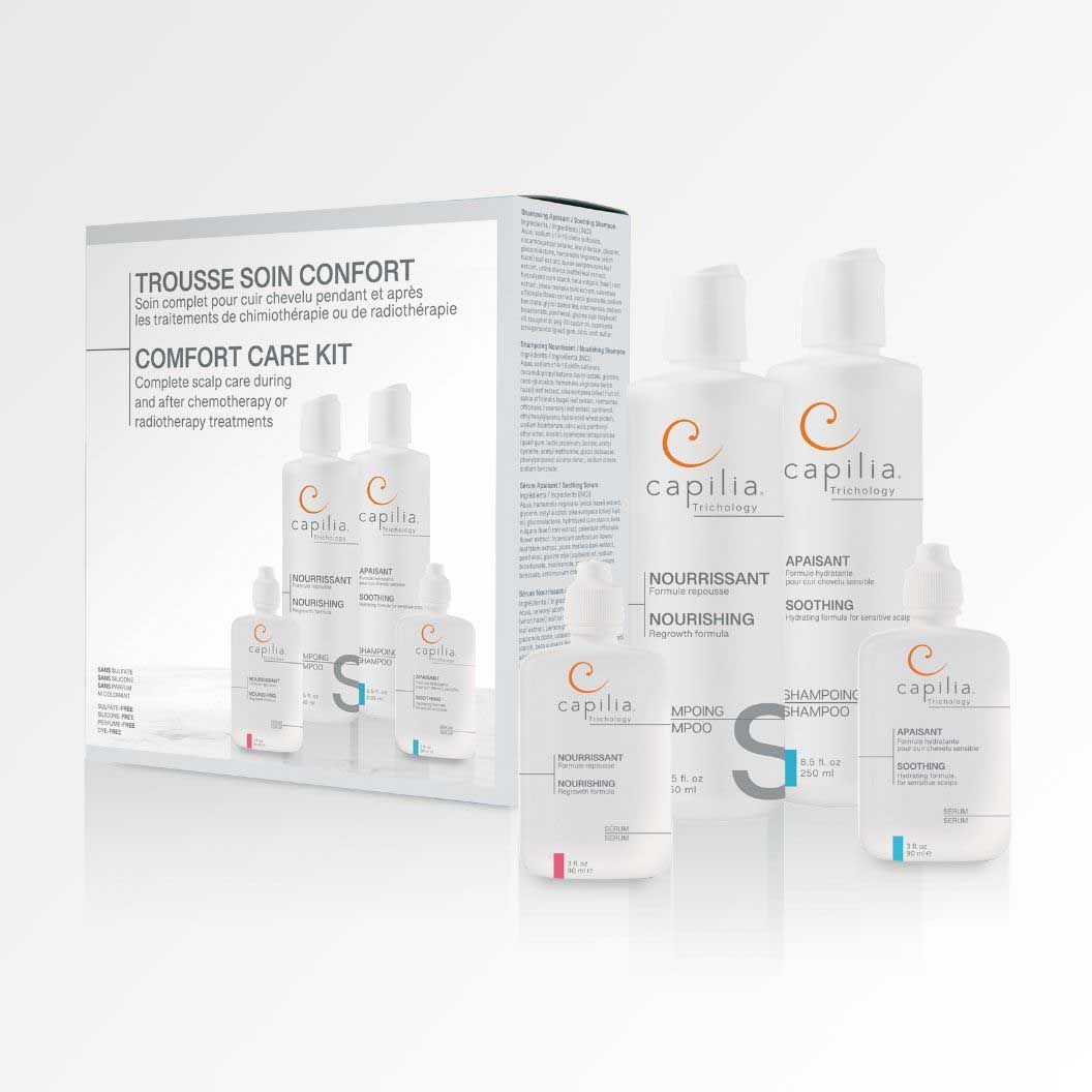 Capilia Comfort Care Kit, white bottles and box, skincare products.