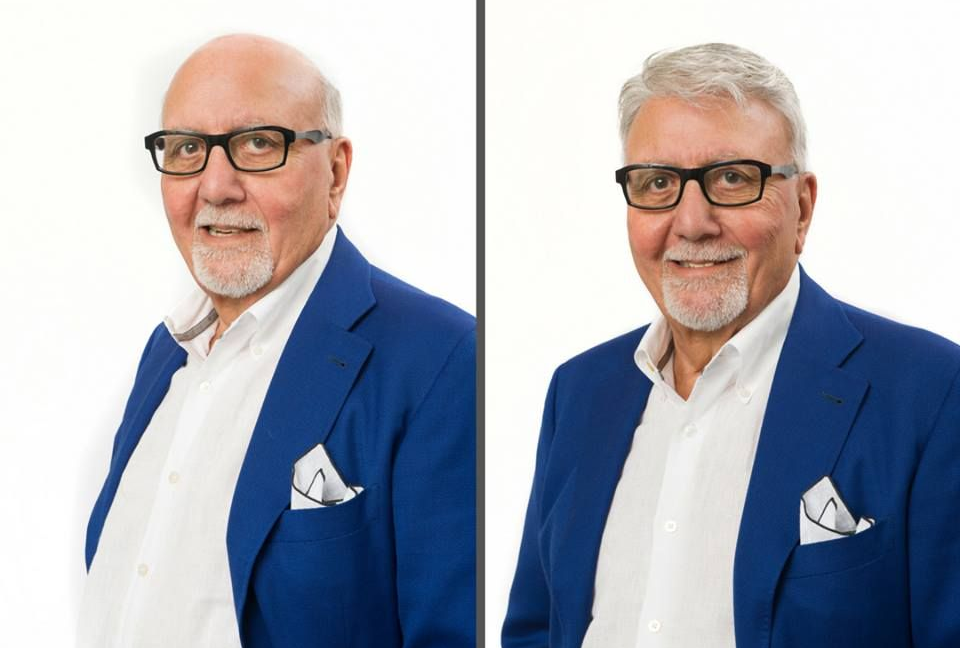 Side-by-side portraits: bald man vs. man with gray hair, both wearing blue blazers and glasses, smiling.