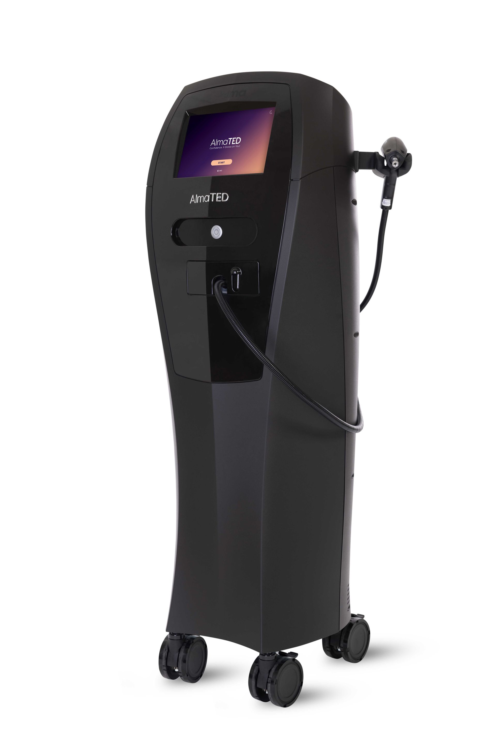 Black medical device on wheels with touch screen and attached handpiece.