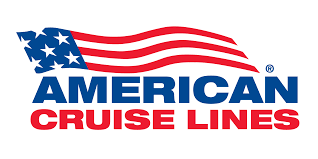 The american cruise lines logo has an american flag on it.