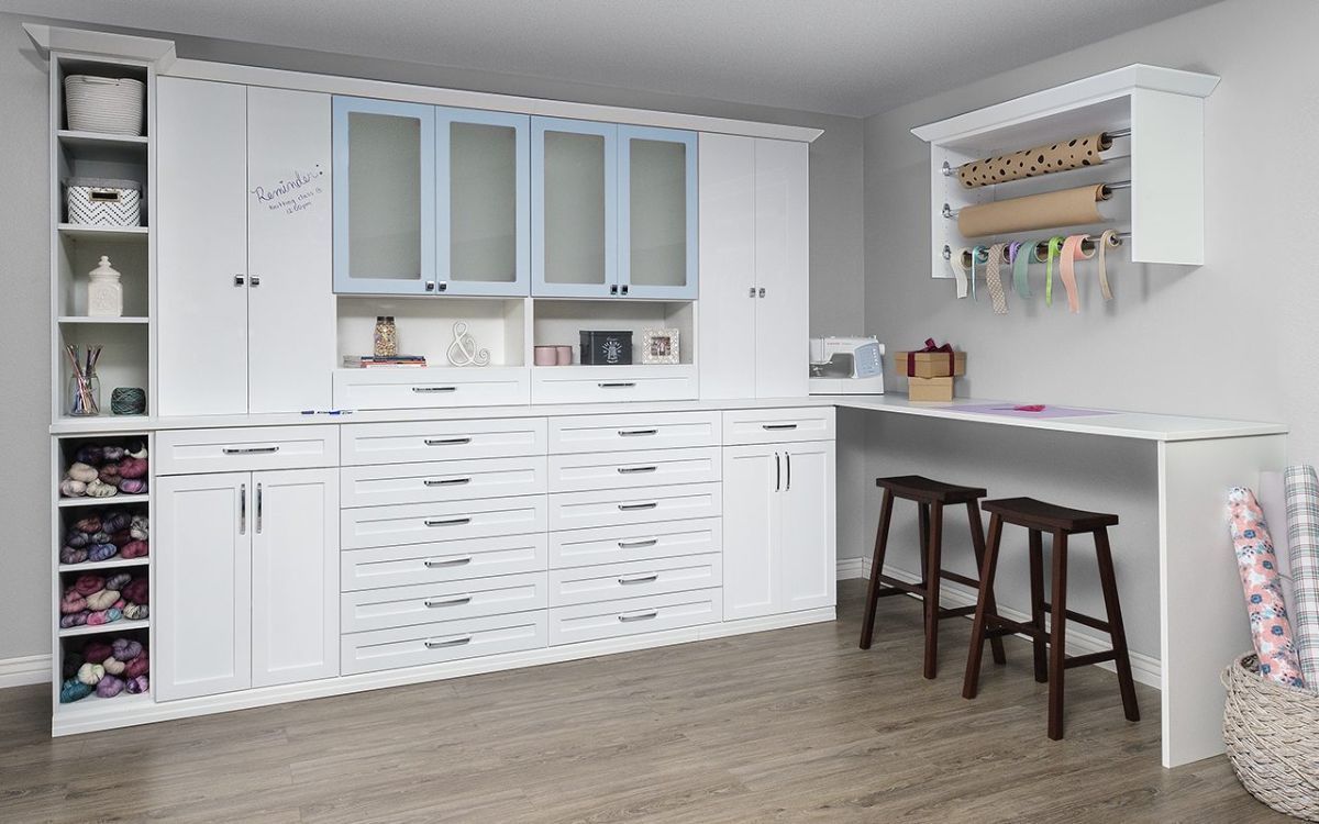 A room with a lot of white cabinets and stools