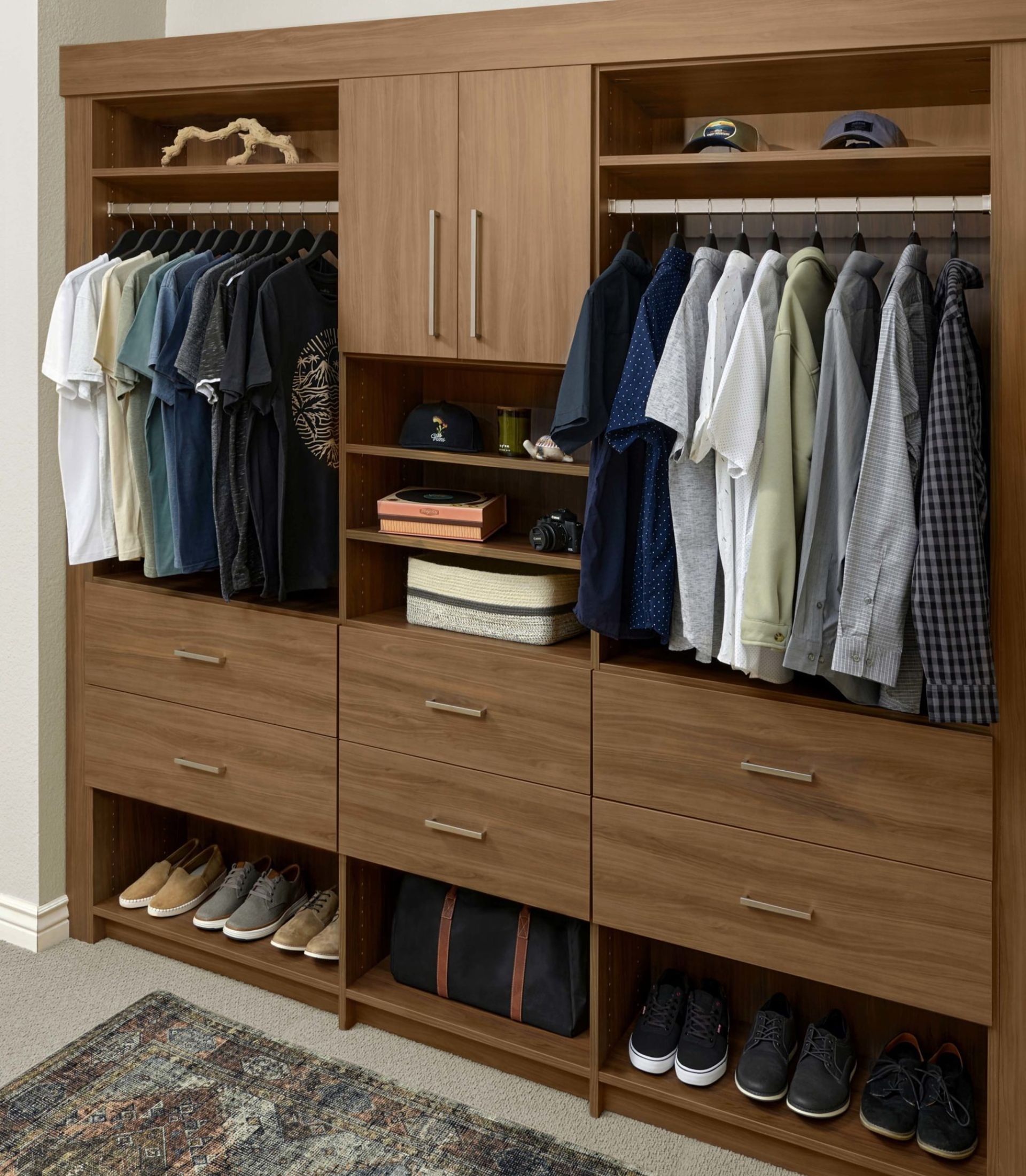 A closet filled with lots of clothes and shoes