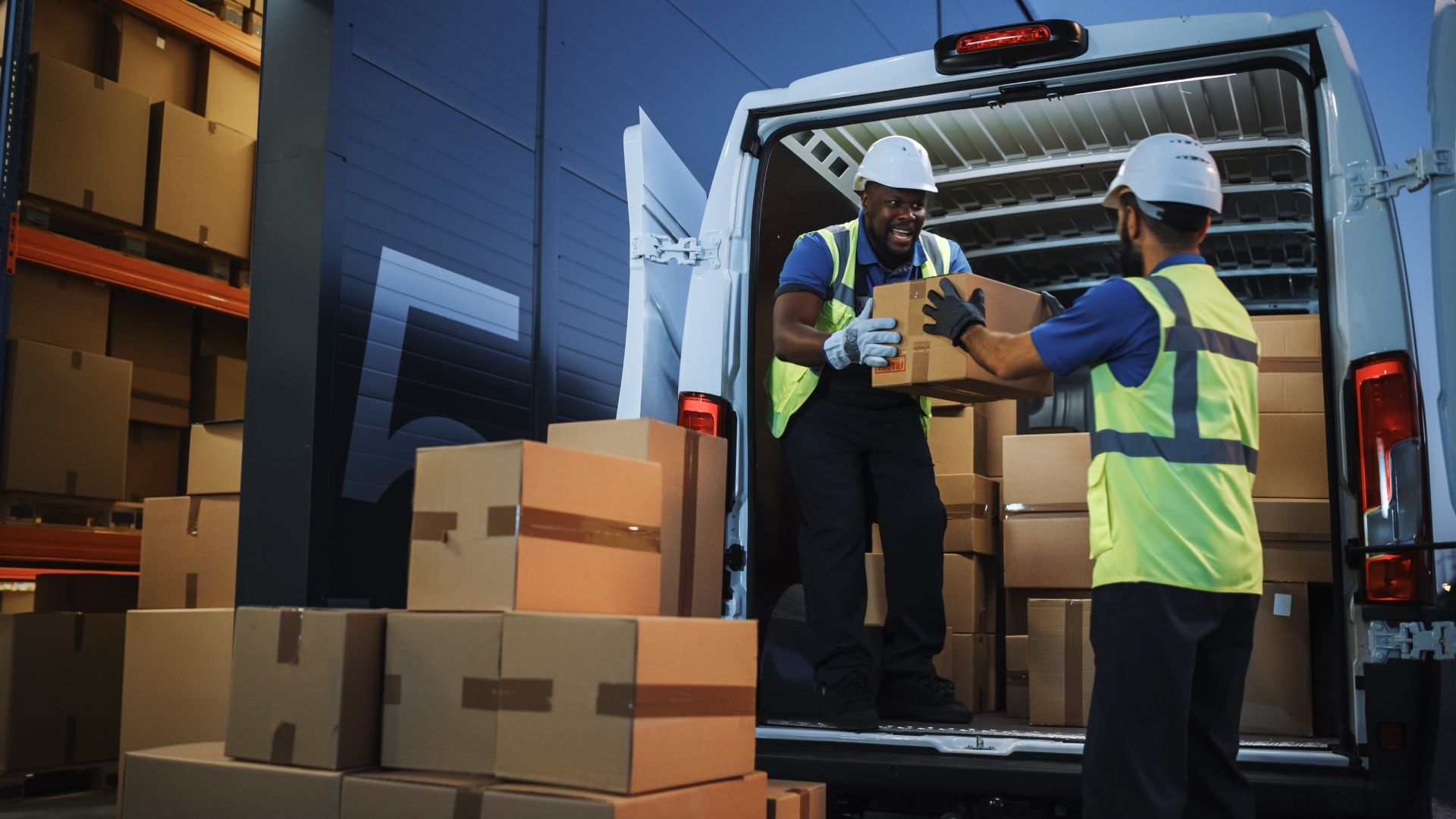 Two men are loading boxes into a van in a warehouse.