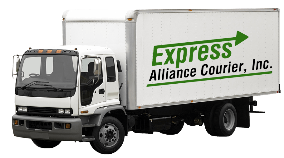 A white express alliance courier truck on a white background