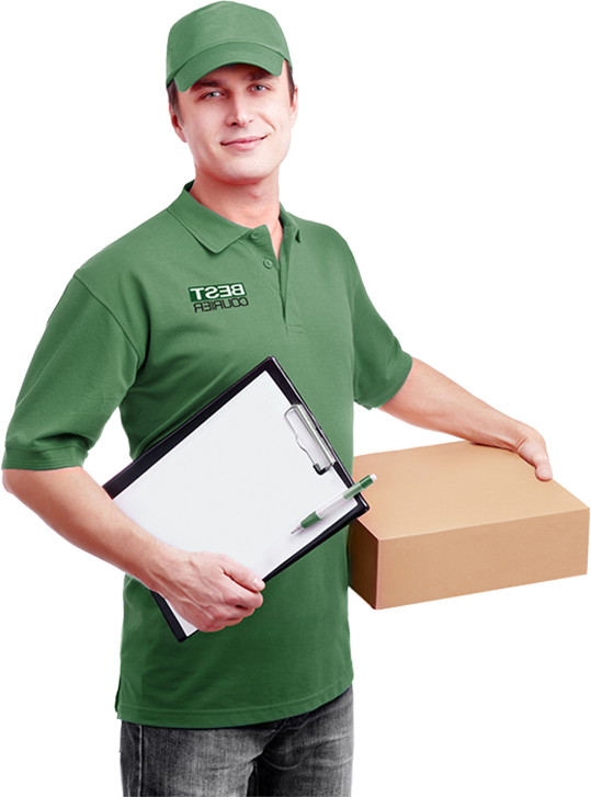 A delivery man in a green shirt is holding a box and a clipboard