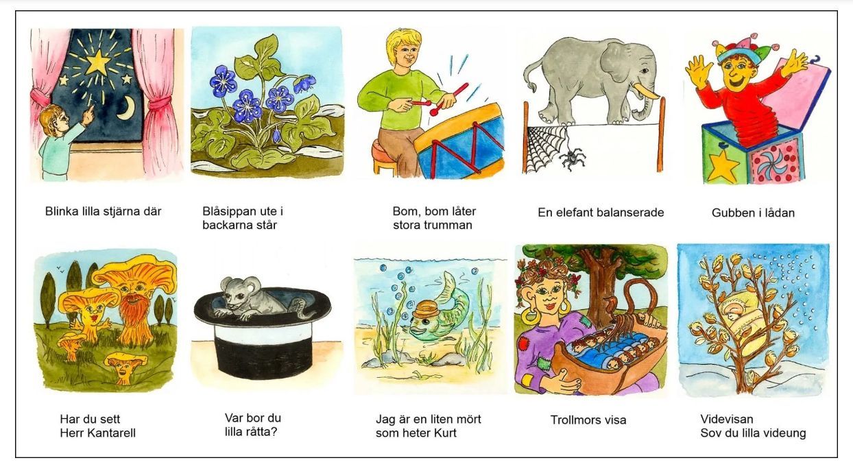 Billdkort som illustrerar barnsånger