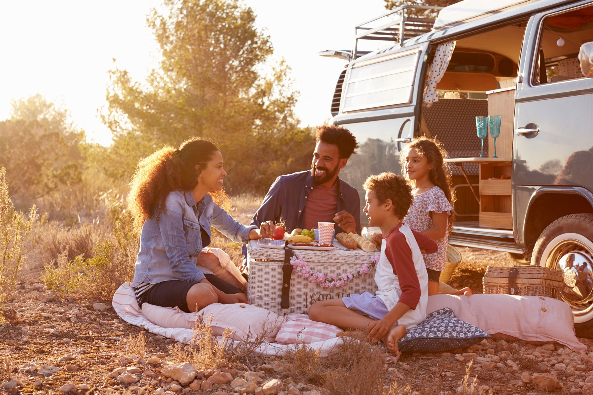 A family is having a picnic in front of a van.