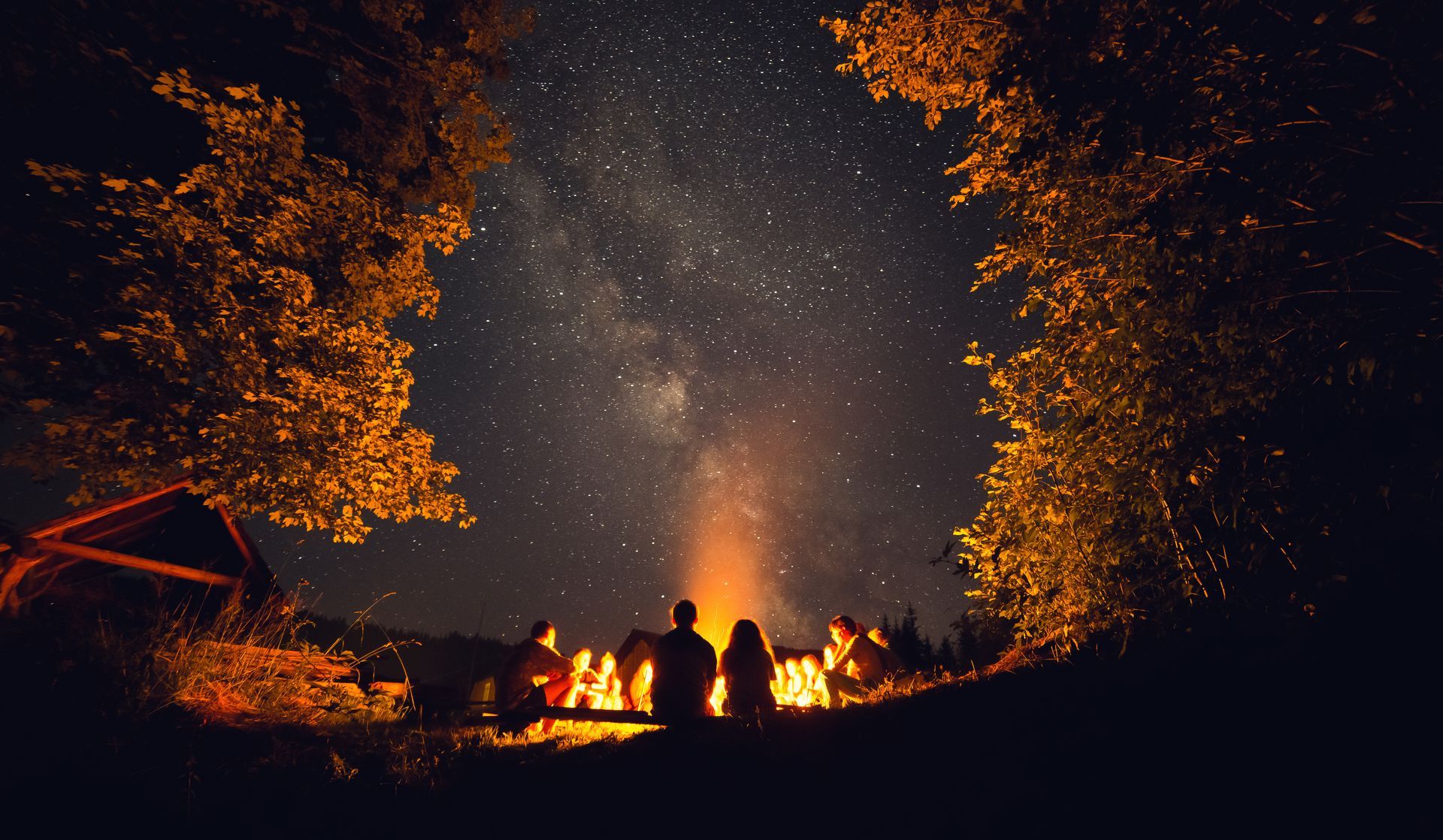 A group of people are sitting around a campfire under a starry night sky.