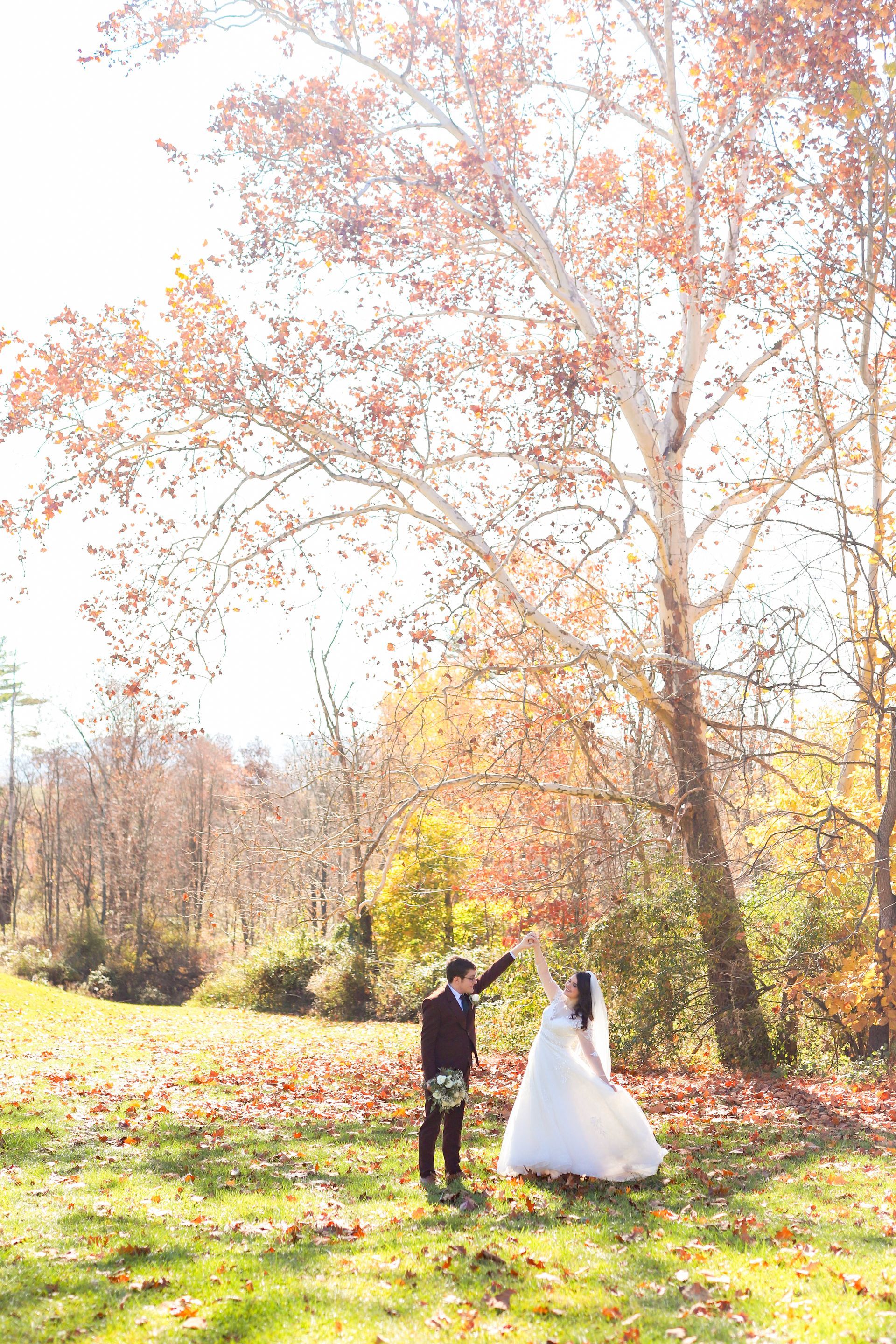 A bride and groom are dancing in a field with trees in the background.