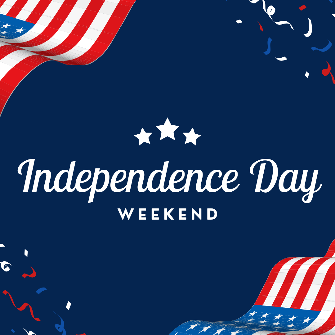 A poster for independence day weekend with american flags and confetti.