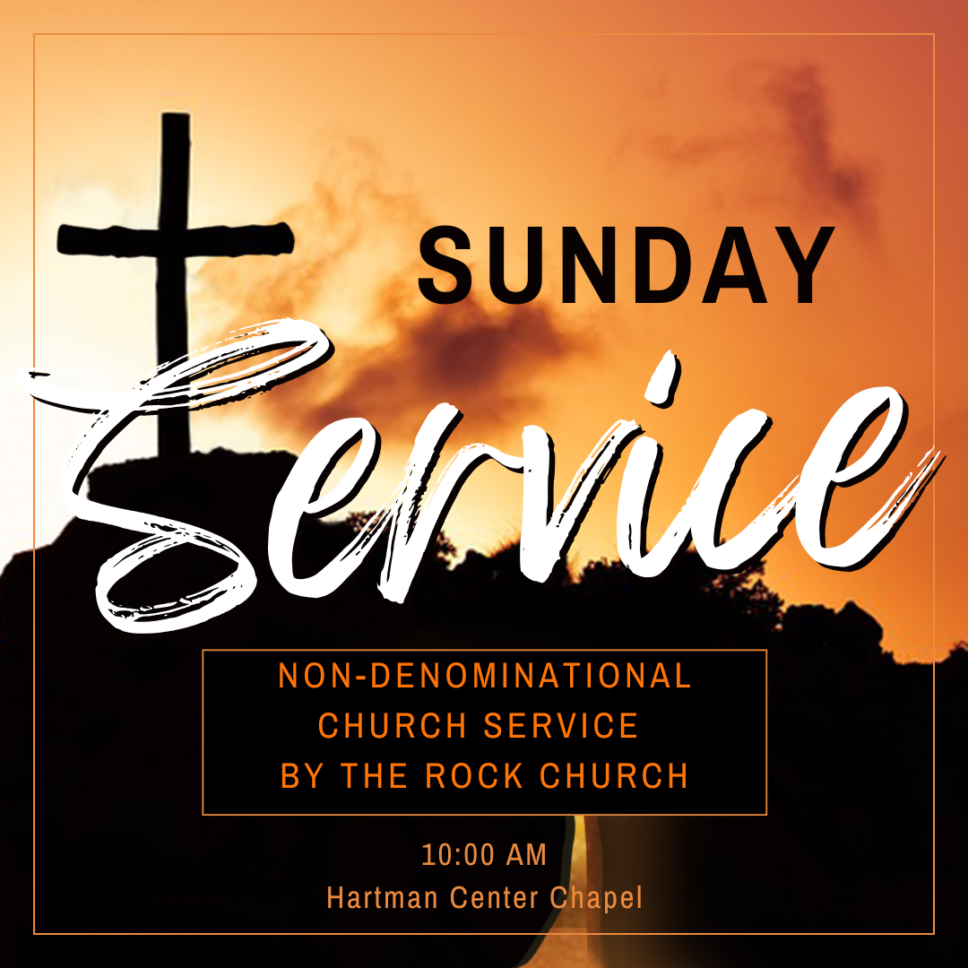 An advertisement for sunday service by the rock church