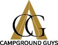 The logo for campground guys is a gold tent with letters c and g on it.