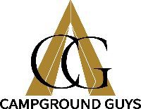 The logo for campground guys is a gold tent with letters c and g on it.