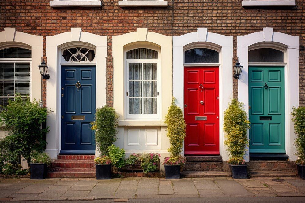 A row of colorful front doors on a brick building. Painted by DMB Painting and Decorating.