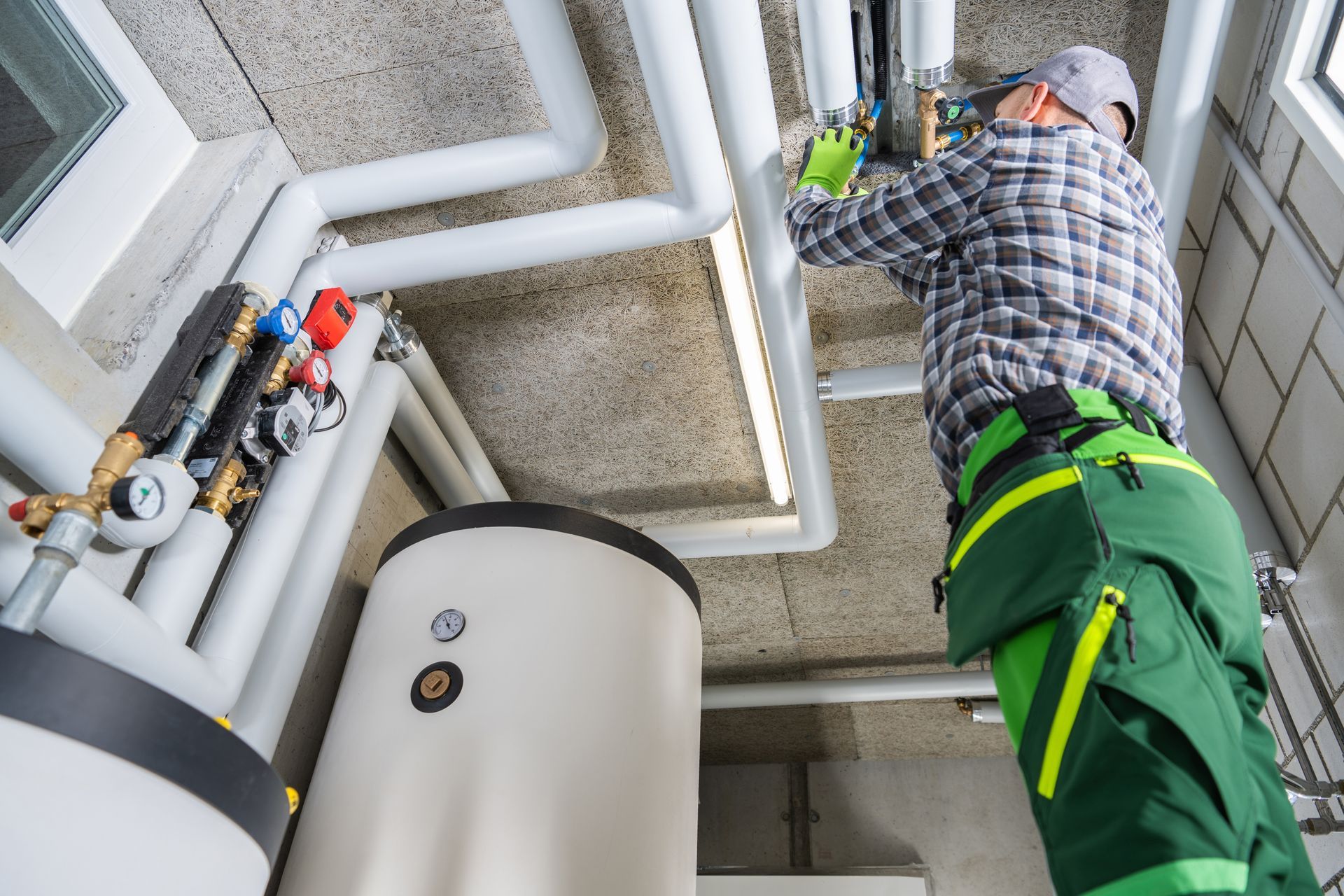 Plumber working on pipes in a utility room. Wearing green pants, gloves, and a plaid shirt.