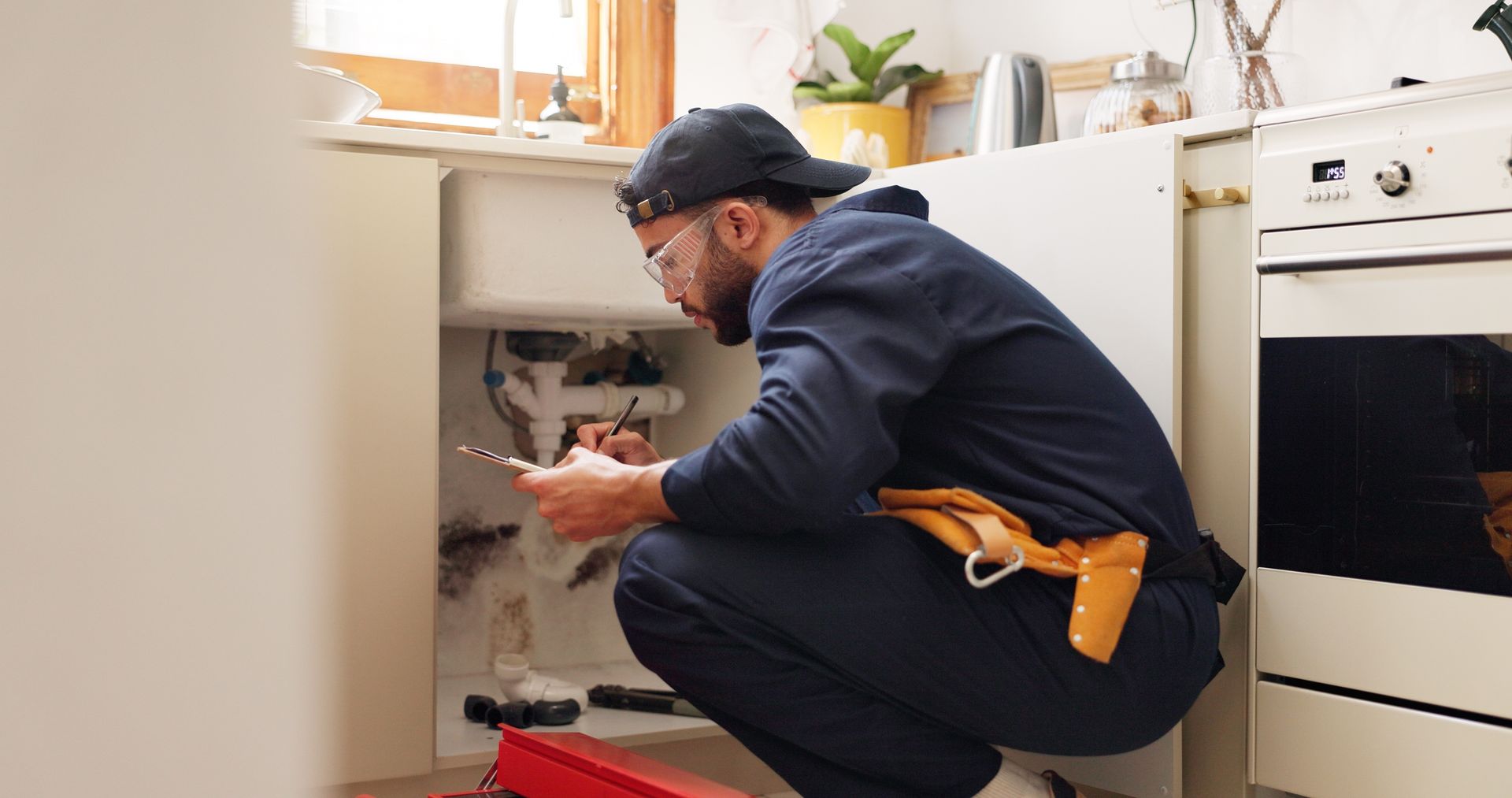 Plumber inspecting pipes under a kitchen sink, taking notes on a tablet.