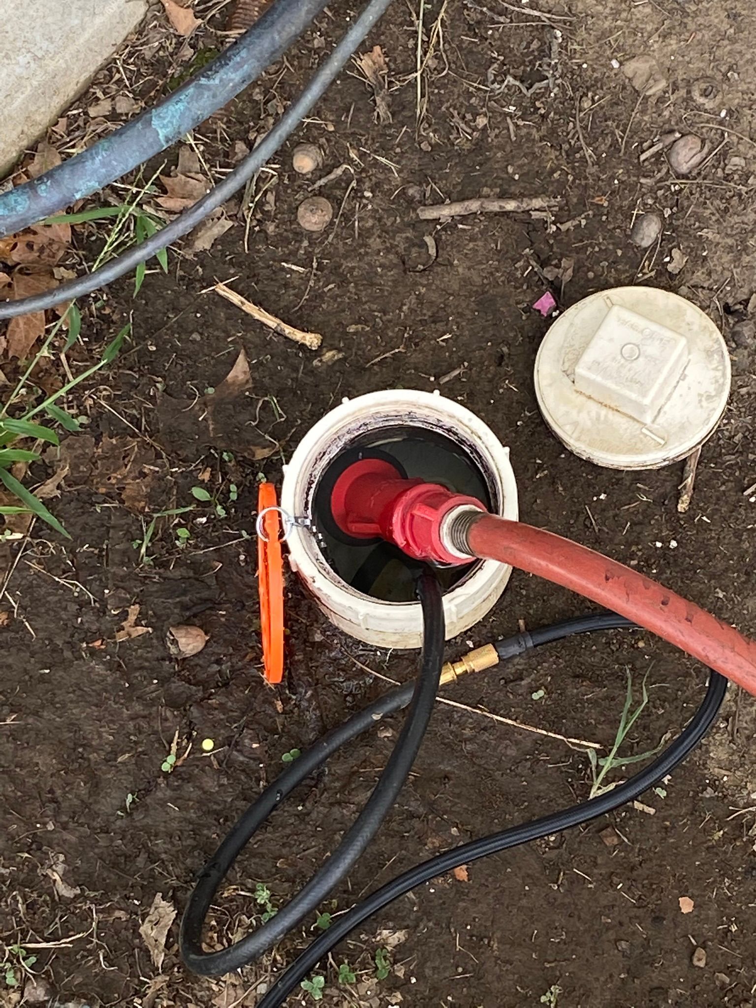 A hose connected to a red nozzle is submerged in a white bucket filled with dark liquid, surrounded by dirt and debris.