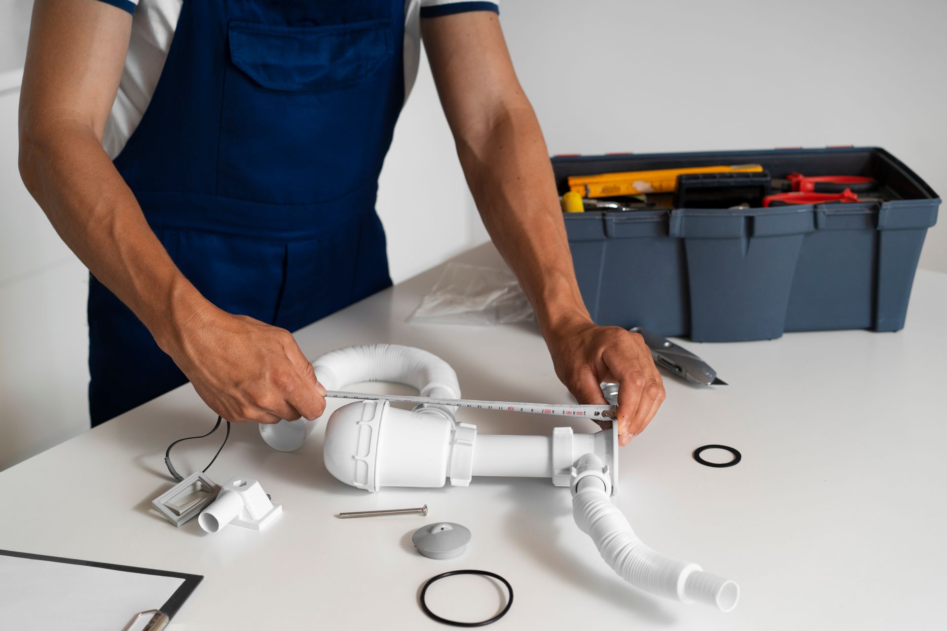 Plumber in blue overalls measures sink drain components on a white table, toolbox in the background.
