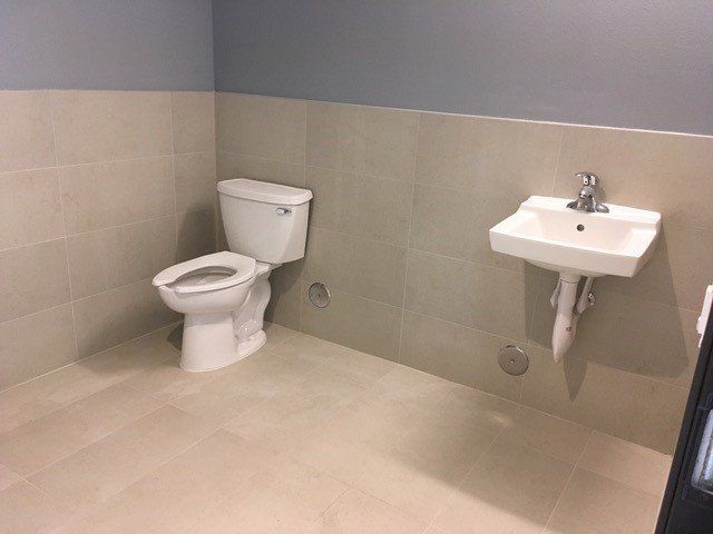 Bathroom with a white toilet, sink, and tan tiling. Blue wall above.