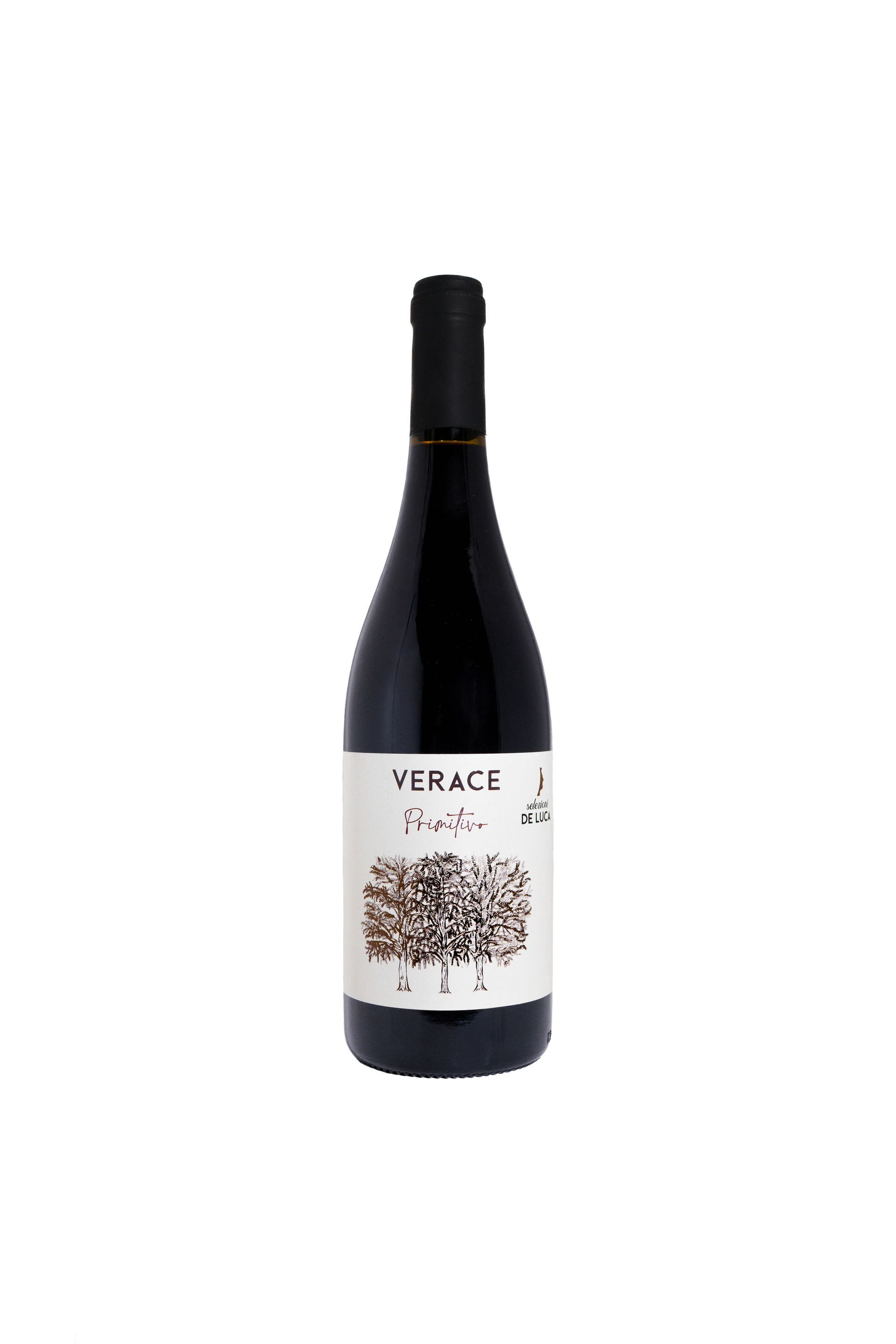 Bottiglia di vino con etichetta bianca; bottiglia e tappo neri.