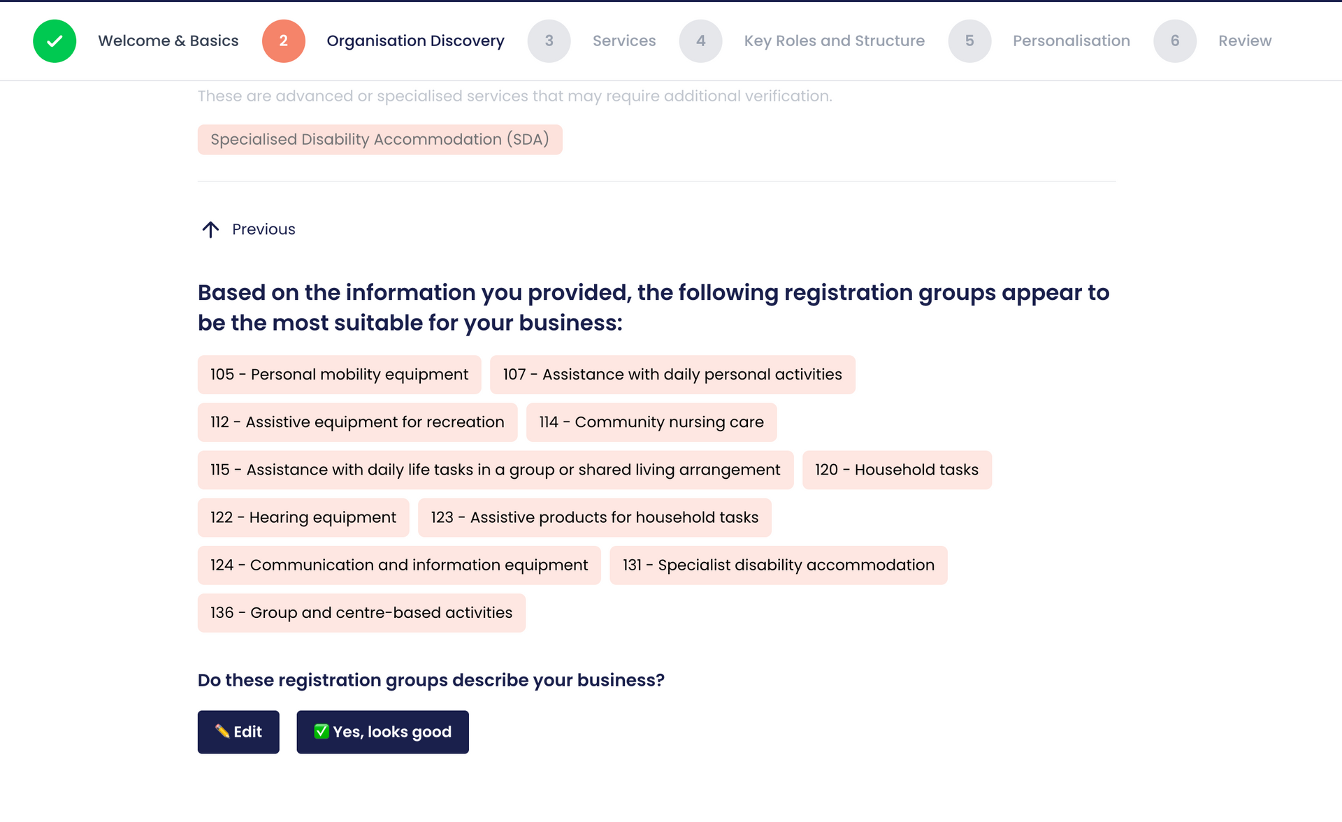 Screenshot of a web page suggesting strategic groups for a business, with highlighted options.