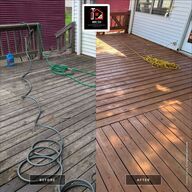 A before and after photo of a wooden deck. The left side is dirty; the right side is clean and stained.