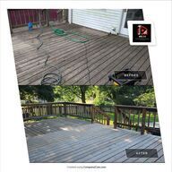 Before-and-after of a wooden deck. Top shows weathered wood, the bottom shows a freshly cleaned deck.