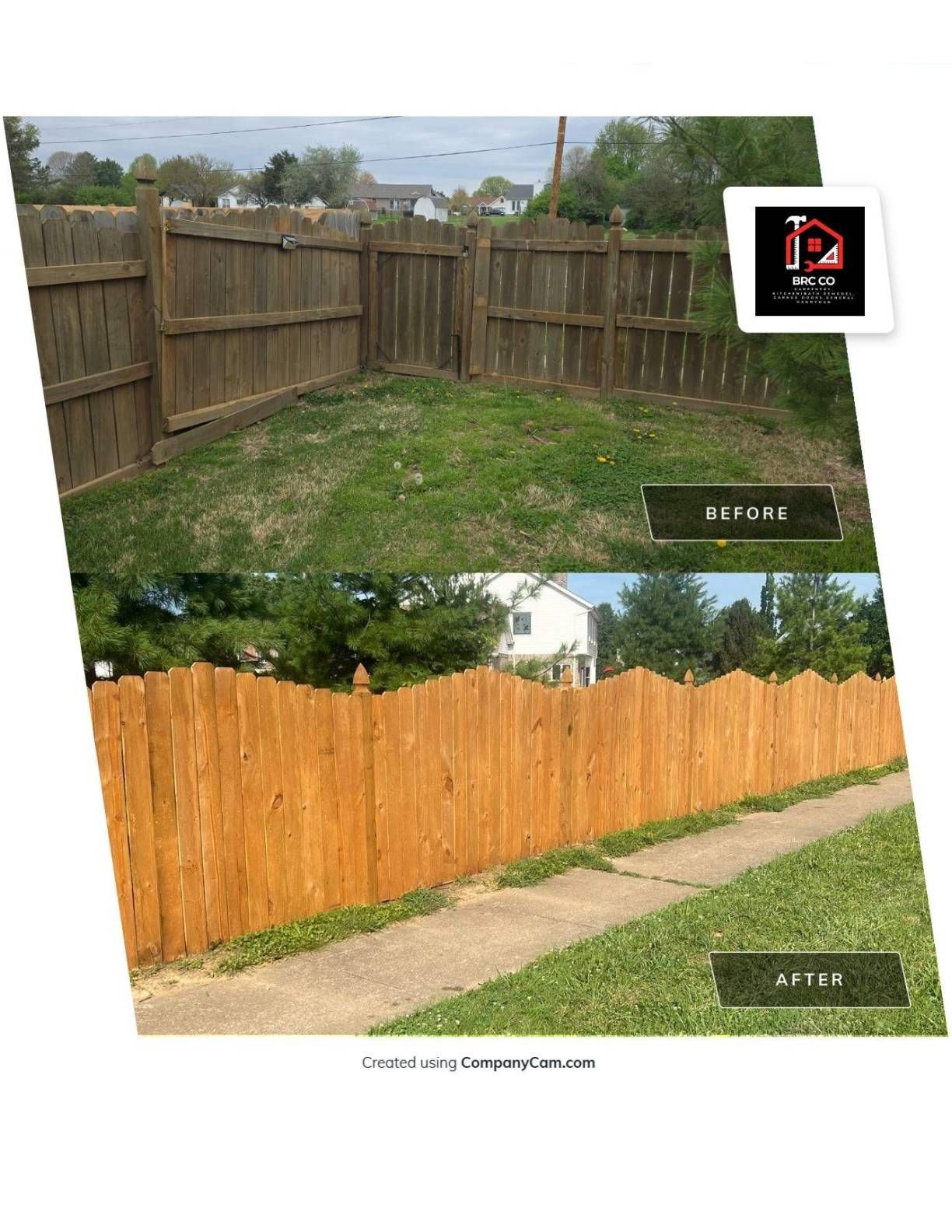 Before and after of a stained fence. Top: brown, aged fence. Bottom: orange-toned, newly stained fence.